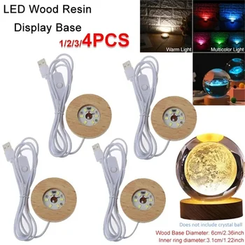 1/2/3/4 STUKS Handgemaakte LED-Hout-Resin-Display Base USB Ronde Houten Nacht Lamp Base Slaapkamer Hars Ornament Staan DIY Nacht Licht
