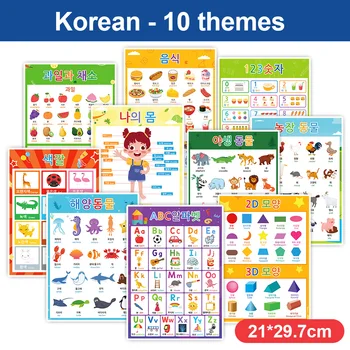 10Pcs frans koreaans spaans engels woorden Leren op School A4 Posters Grafieken voor Peuters Kinderen in de Klas Decoratie