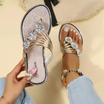 2023 Flip Flops Vrouwen Mode Peep Toe Zilveren Anti-Slip Beach Sandalen Dame Casual Gouden Kristallen Zomer Sandaal