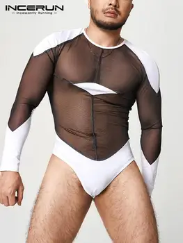 2023 Mannen Bodysuits Mesh Patchwork Transparante O-hals met Lange Mouwen Pyjama ' s Romper Ondergoed Skinny Sexy Mannen Body, S-5XL INCERUN