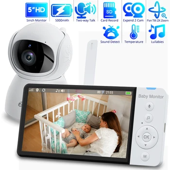 5.0 Inch Draadloze Video Baby Monitor 5000mAh Batterij IPS-Scherm Met Nanny PTZ-Camera, 2-weg Audio VOX Slaapliedje SD TF Kaart Record