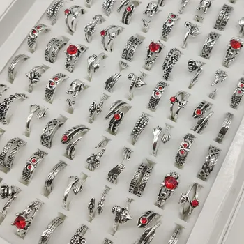 50pcs/Stuk In Voorraad Vintage Zilveren Plaat Dier Vinger Ringen Voor Vrouwen Red Crystal Fox Uil Blad Open Ring Pas de Grootte aan Mannelijke Partij