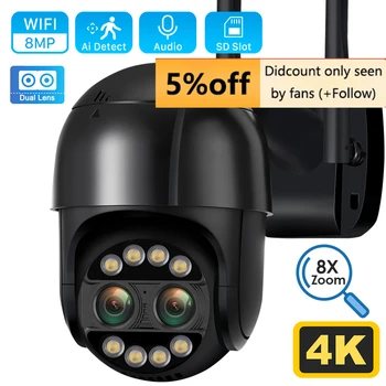 8-MEGAPIXEL PTZ-Wifi-Camera met 8x Zoom Dual-Lens Menselijke Sporen CCTV Camera 4MP Smart Home Outdoor Audio P2P Wifi bewakingscamera ICSEE