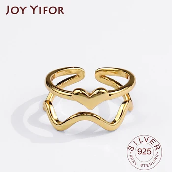 925 Sterling Zilveren Ringen voor Vrouwen Hart-Vorm Dubbele Lijnen Gouden Bruiloft Trendy Sieraden Grote Verstelbare Antieke Ringen Anillos