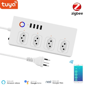Brazilië Smart Zigbee stekkerdoos, Tuya Zigbee Stopcontact Met 4 Pluggen en 4 USB-Poort, Regelaar,Werkt Met Alexa Google Startpagina