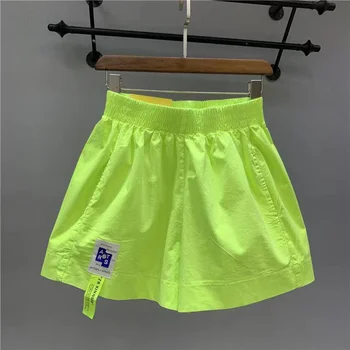DAYIFUN de Zomer Vrouwen Candy Color Shorts met Hoge taille A-lijn Wijde pijpen Labeling Korte Broek Neon Geel koreaanse Casual Street Wear