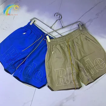 De beste Kwaliteit Blauw Khaki Meerdere Zakken Rhude Cargo Shorts Mannen Vrouwen 1:1 Double-Deck Logo Geborduurd RHUDE Broek aan de Binnenkant Tag