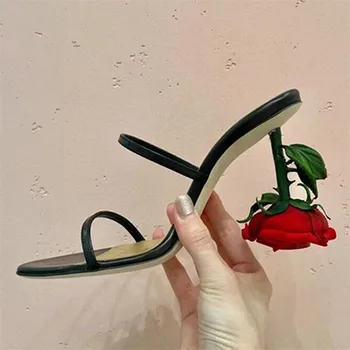 Designer Vrouwen Slippers Rose Vreemde Hoge Hakken Riemen Dames Buiten Dia ' S Prom Pompen Black Dress Schoenen Gladiator Sandalen