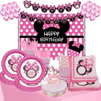 Disney Minnie Mouse Thema Wegwerp Servies Set Kids Birthday Party Supplies Plaat Cup Servet Vlag Meisje Roze Decoratie Van De Cake