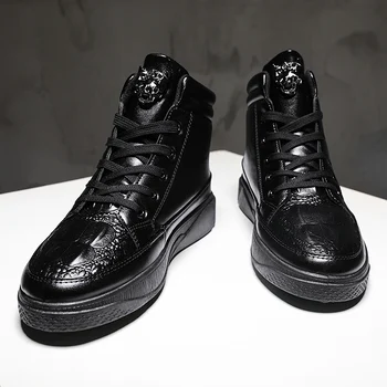 Echte zwart eenvoudige zachte zolen mannen schoenen 2022 voorjaar en in de herfst van het merk high-top heerlijk warme casual schoenen grote maat 45
