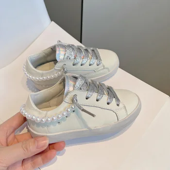 Fashion Trend Sneakers Schoenen voor Kids Lente Meisjes-Sterren Sport Wit Schoenen Pearl design met Kinderen Casual Schoenen van Leer