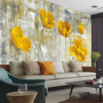 Gele bloem retro wand aangepaste 3D-muurschildering Aangepaste zelfklevend behang voor woonkamer, slaapkamer