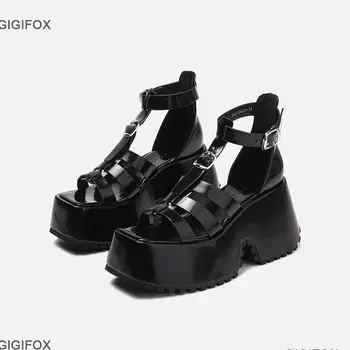 GIGIFOX Platform Sandalen Voor Vrouwen, Denim Romeinse T-Strap Fashion Gothic Gothic Sandalen Roze Wig Hoge Hakken Schoenen Casual 