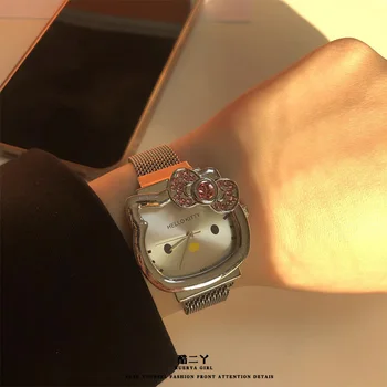 Hello Kitty Horloge Metaal Vintage Diamond Boog Dames Horloge Kawaii Meisje Verjaardagscadeau Cute Cartoon Anime Student Magneet Band