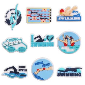 Hete Verkoop 1-9pcs PVC Schoen Charmes Blauw Zwembad Zwemmen, Duiken, Surfen Accessoires DIY Schoen Decoratie Voor Croc Jibz Kids X-mas Gift