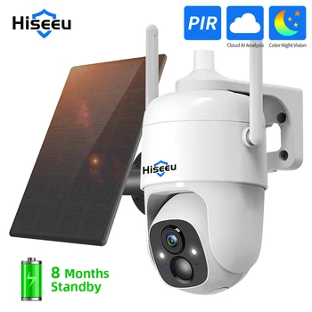 Hiseeu 3MP Cloud AI WiFi Video Bewaking Camera met Oplaadbare Accu met zonnepaneel Outdoor Pan & Tilt-Draadloos