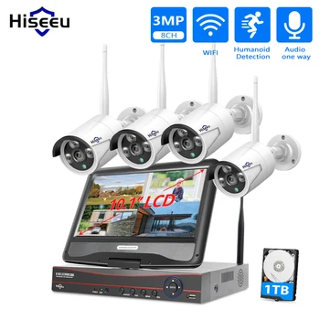Hiseeu 8CH 3MP Draadloze Beveiliging Camera Kit Waterproof Outdoor IP-Camera CCTV Surveillance Systeem Instellen met een 10,1