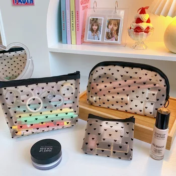 Hou van Transparante Mesh Kosmetische Zak-Box met Leuke Rits Afdrukken Draagbare Opslag Draagbare Toiletry Bag Briefpapier Tas voor Vrouwen