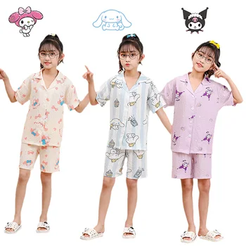 Kawaii Anime MyMelody Kuromi Cinnamoroll Pyjama ' s Cute Cartoon Sanrios Korte mouwen Vest Zomer voor Kinderen Homewear Set Cadeau