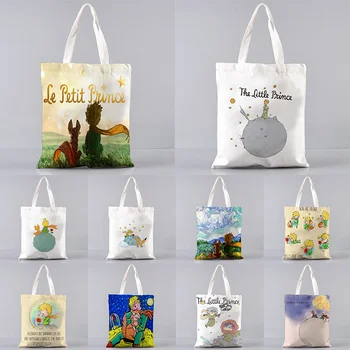 Le Petit Prince Afdrukken Shopping Bag Vrouw Canvas Tote Hand Casual Herbruikbare Schoudertas Met Grote Capaciteit Opvouwbare Tas