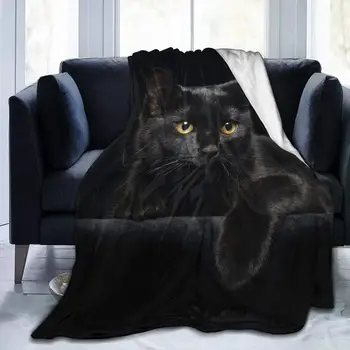 Leuke Zwarte Kat met Gele Ogen Zacht Gooien Deken voor Alle seizoenen Warme Dekens Lichtgewicht Fuzzy Flanel Gooien Deken voor Bed Bank