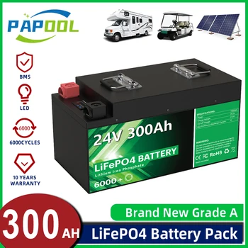 LiFePO4 24V 300Ah 7680Wh Batterij 6000+ Cyclus 8S 25,6 V BMS 100Ah 200Ah 100% Volledige Capaciteit RV Winkelwagen Boot Zonne-Lithium Batterij