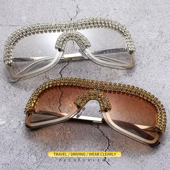 Luxe Oversized Diamond Y2k Fietsen Zonnebril Vrouwen Metaal Randloze Vintage Zilveren Zonnebril Grote Strass Feamle Tinten