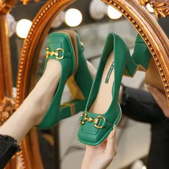 Mary Jane Vrouwen medium hak schoenen, vierkante kop dikke hak schoenen, franse stijl, zwart en groen, de zomer van 2023