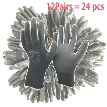 NMSAFETY 24Pieces/12 Paren Veiligheid Werken Handschoenen Zwart Pu Nylon Katoenen Handschoen Industriële Beschermende Werkhandschoenen