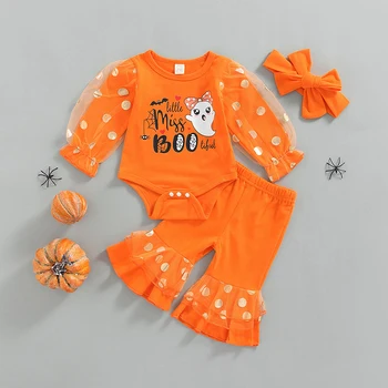 Pasgeboren Baby Meisje Halloween Outfit Mesh Puff Sleeve Romper Ruches Bell Bottom Broek Set met Hoofdband Kleding