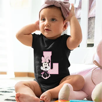 Pasgeboren Kleding Aangepaste Naam Letter Combinatie Meisje Jongen Afdrukken Minnie Mouse A-Z Zwart Met Korte Mouw Van Baby Romper