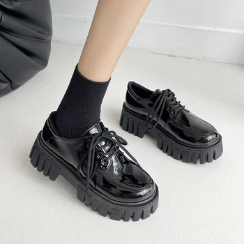 Rimocy Patent Leder Platform Oxford Schoenen voor Vrouwen 2022 Voorjaar Casual veterschoenen Flats Vrouw Zwart Chunky Schoenen Zapatillas Mujer