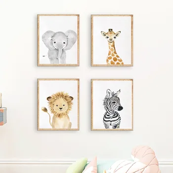 Safari Dieren Leeuw, Zebra, Olifant Giraffe Poster Canvas Schilderij Kinderkamer Kunst Aan De Muur Print Kind Kamer Foto Nordic Slaapkamer Decor