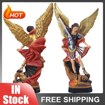 Saint Michael Standbeeld Engel Decoratie Aartsengel Verslagen Lucifer Tramples Demon Beeldje Van De Gekleurde Katholieke Religieuze Cadeau