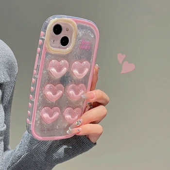 Schattige koreaanse Epoxy Glitter Roze Liefde Hart Case Voor de iPhone 14 13 12 Pro Max 11 Kawaii 3D-Hart Lens Beschermende Clear Soft Cover