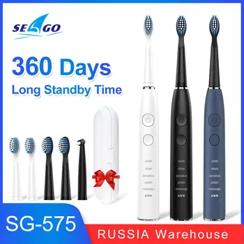 Seago Sonic Elektrische Tandenborstel 360 Dagen Lang Standby-Tijd Waterdichte USB-Oplaadbaar met 5 opzetborstels SG575