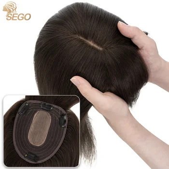 SEGO 13x15cm Menselijk Haar Toppers Voor Vrouwen met steil Haar Pruik Natuurlijke Haarstukjes Met een Pony 4 Clips In Hair Extensions
