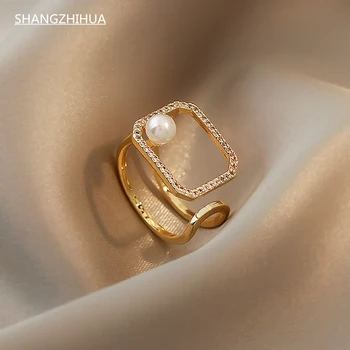 SHANGZHIHUA Design Klassieker Holle Vierkante Parel Ring Voor Vrouwen 2022 Nieuwe Stijlvolle koreaanse Sieraden Party Ongewone Ring