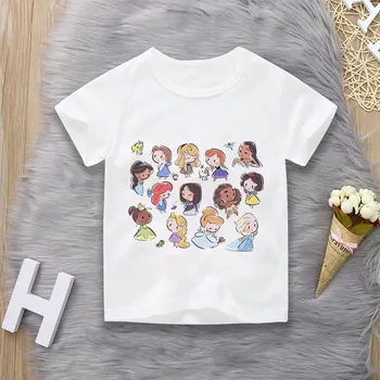 Unisex Zomer kinderkleding Prinses Cute Cartoon Jongen En een Meisje T-shirt Esthetiek Leuke Kid Top met ronde Hals Wit met Korte Mouwen