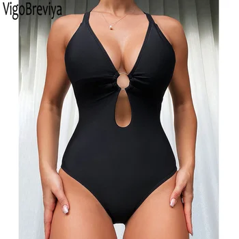 VigoBeviya 2023 Zwart Vastgebonden Zwemkleding Vrouwen Sexy Holle Push UP Een Stuk Badpak, Monokini Blackless Beach badpak