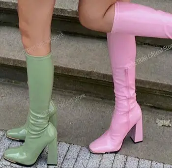 Vrouwelijke Chelsea Boots Metalen Design 2021 Hete Verkoop modemerk Knie Hoge Laarzen Voor Vrouwen van Hoge Qulaity Chunky Hak Schoenen van vrouwen