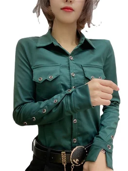 Vrouwen met Lange Mouwen Groene Shirts Najaar van Office-Lady Shirt Vrouwen Knop Up-Tops