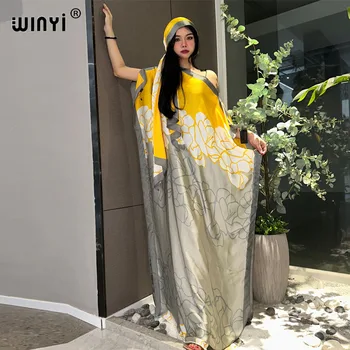WINYI Nieuwe Stijl Zijde los Afrikaanse Vrouwen Kleding Dubai Moslim Dashiki kaftan fashion Print Design Met Losse Sjaal strand jurk