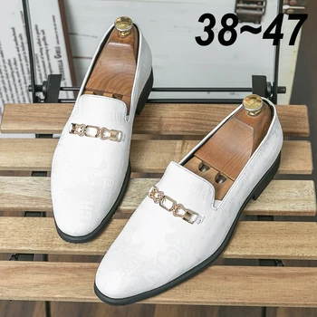 Wit Heren Casual Loafers Rijden Mocassin Mode-Mannelijke Comfortabele Business Formele Voorjaar Lederen Mannen Lui Metaal Jurk Schoenen