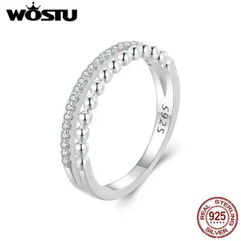 WOSTU Echt 925 Sterling Zilver met een Dubbele Laag Ring Voor Vrouwen Glanzende Zirkonia Parel Band Ringen luxe Bruiloft Sieraden Cadeau R463