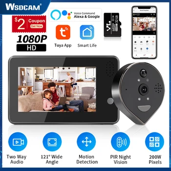 Wsdcam Tuya Wifi Kijkgat Deurbel Camera, 4.3 Inch 1080P Smart Deurbel Twee-Weg Audio Night Vision Smart Home Deurbel Viewer