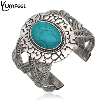 Yumfeel Tibetaans Zilver Plated het Instellen van Blauwe Steen, Armbanden Vintage Gesneden Brede Armbanden Mode-Sieraden voor Vrouwen