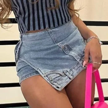Zomer Korte Denim Rok Broek Roze Asymmetrische Sexy Lage Taille En Skinny Cargo Jeans Shorts Voor Vrouwen Beach Outfits 2023