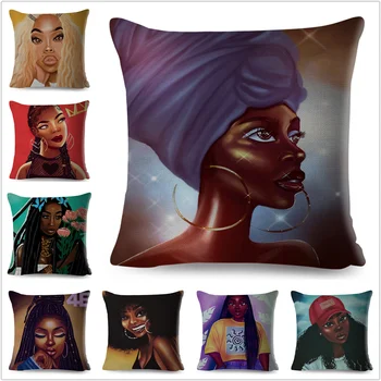 Zwarte Vrouwen Mooie Afrika Meisje Kussen Geval Polyester Decor Kleurrijke Cartoon Zitkussen voor Bank carkit Kussen 45x45